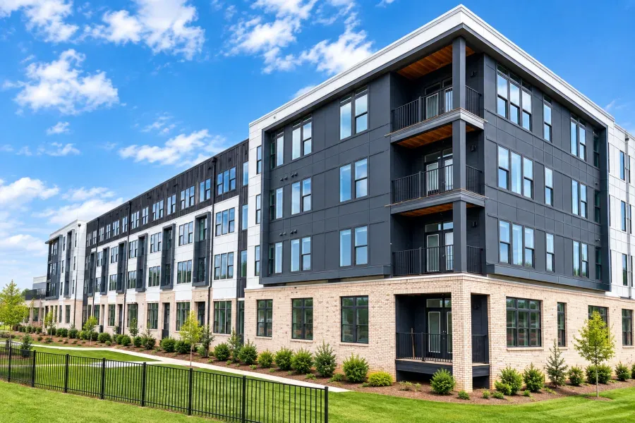 An apartment building at Marquis Carmel Commons in Charlotte, North Carolina: four stories of black-framed windows over a brick base, with balconies at the corner